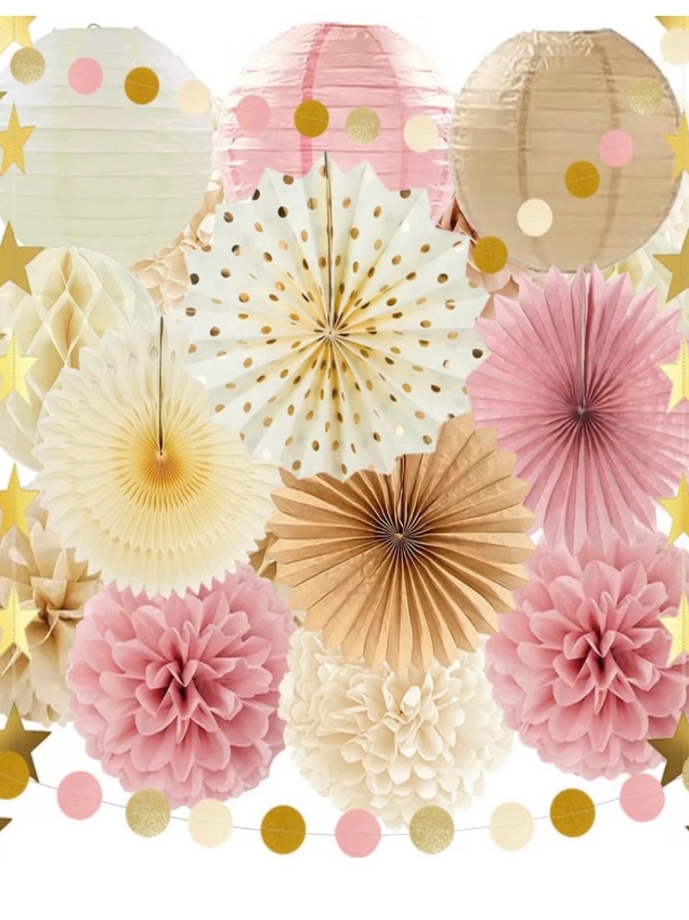 Boho Paper Party Decorations, Blush Pink Champagne Gold Elegant Party Decor